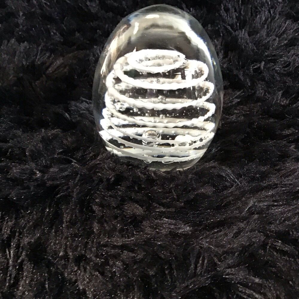 Blown Glass Paperweight White & Clear Spiral Egg Polished Bottom Vintage